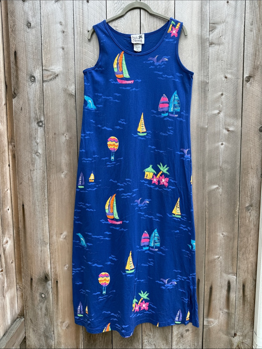 Copa Cabana Vintage Novelty Print Tank Maxi Dress Sailboat Balloon Sz Small EUC